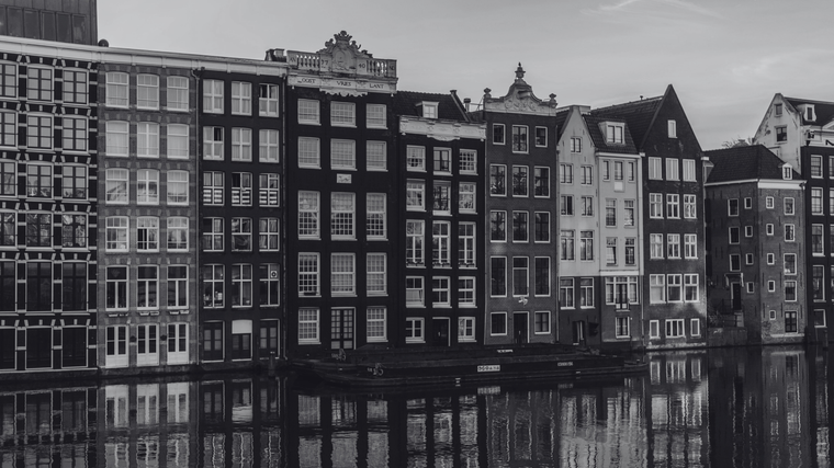 A typical canal-side housing complex in Amsterdam